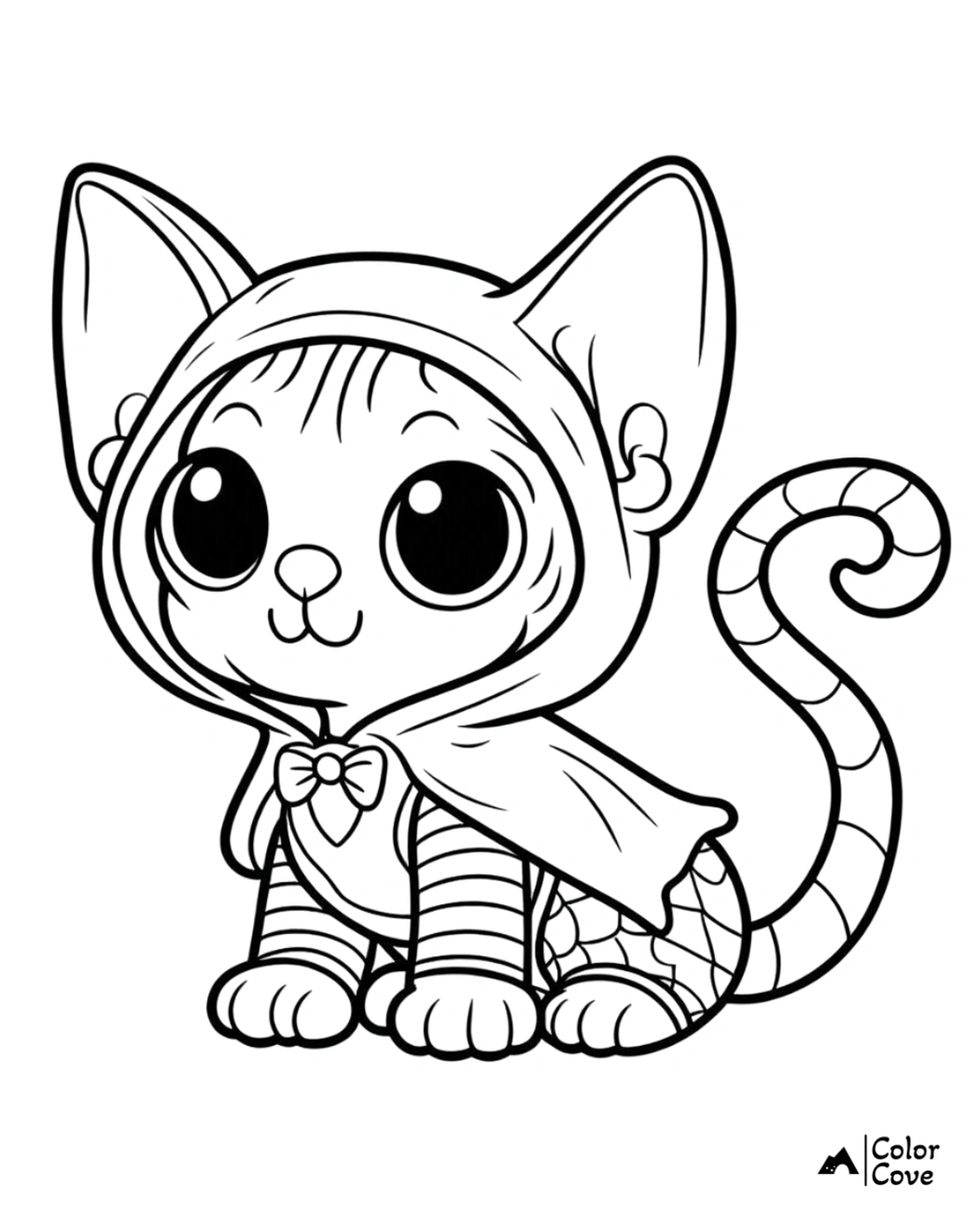 Cute cat in a hoodie coloring page for kids. Adorable feline with a cape and stripes, perfect for fun coloring activities.