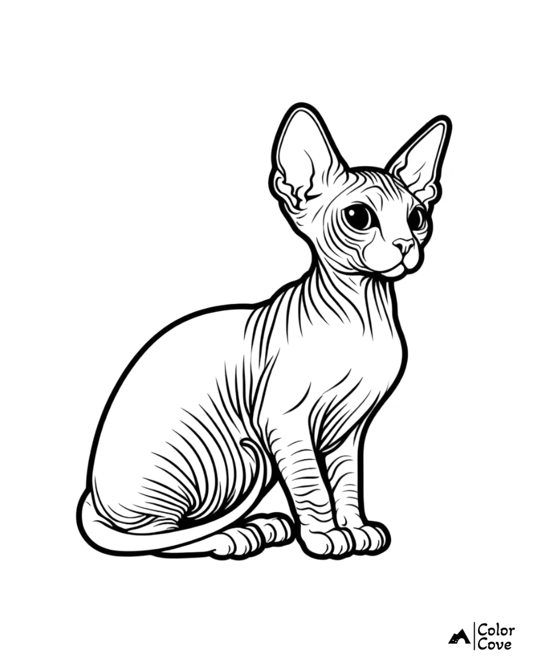 Sphinx cat coloring page, black and white line drawing of a sitting hairless cat with large ears for kids and adults to color.