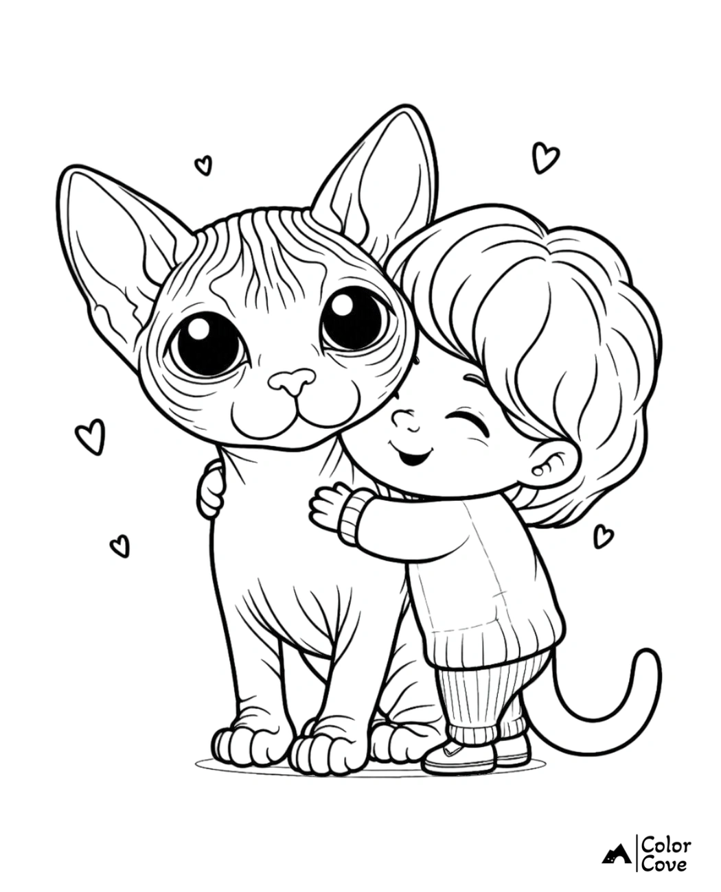 Child hugging big-eyed cat coloring page, perfect for kids who love animals. Printable and fun for all ages.