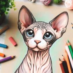 Sphynx cat coloring page surrounded by colored pencils, crayons, and colorful yarn balls on a wooden table.