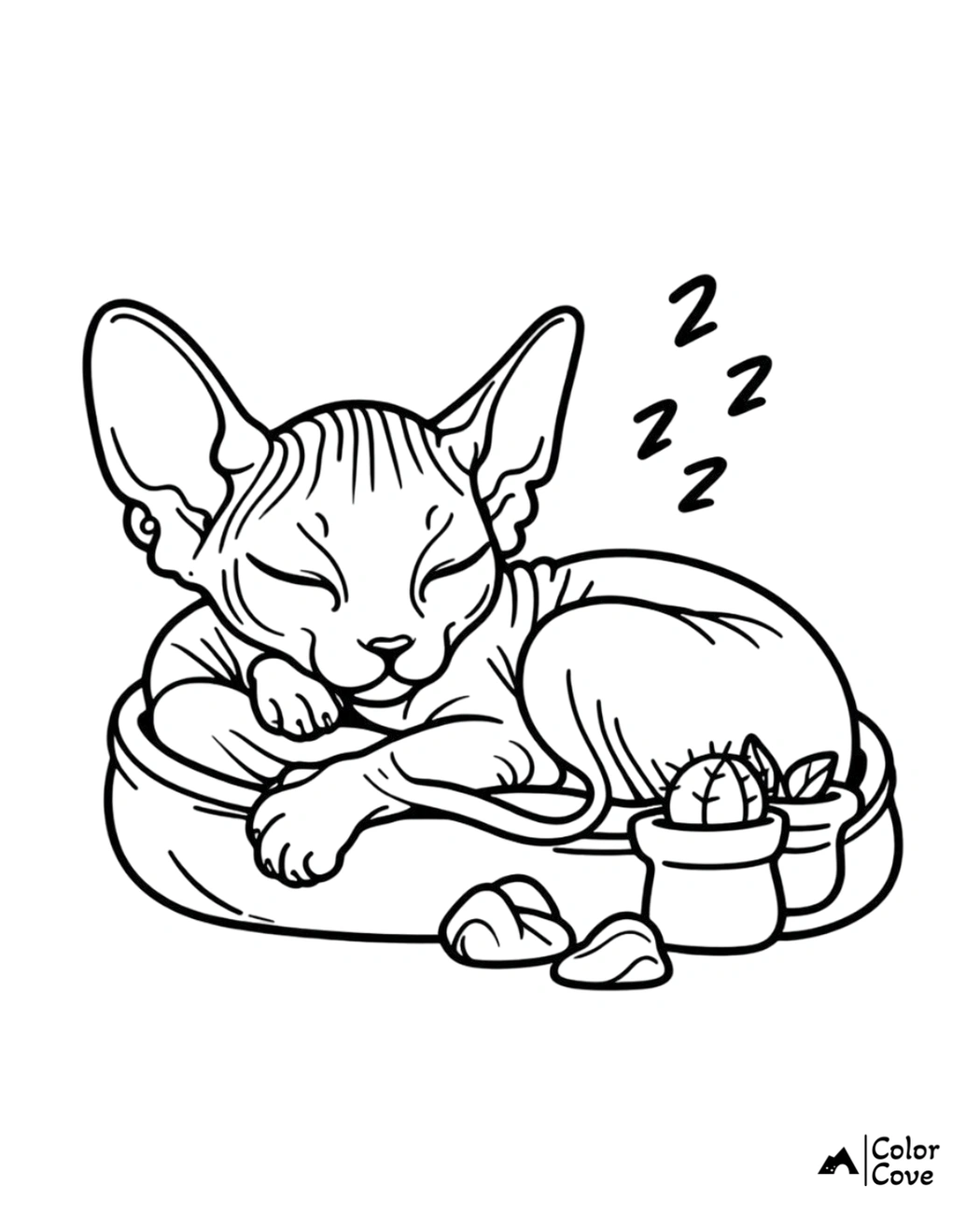 Coloring page of a sleeping cat on a cushion with potted plants and rocks nearby, designed by Color Cove.