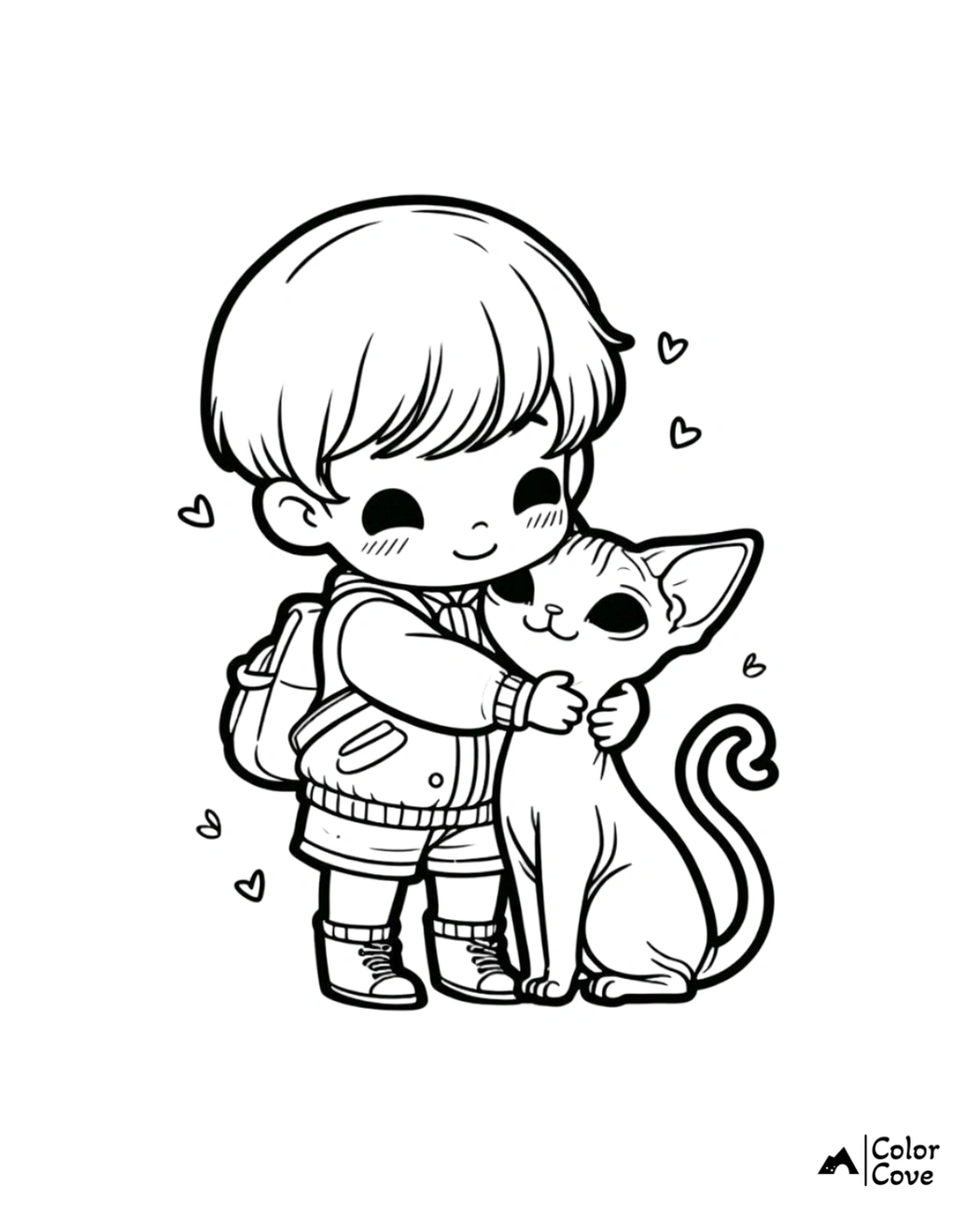 Cute coloring page of a child hugging a cat with heart illustrations around them; perfect for kids' creative fun.