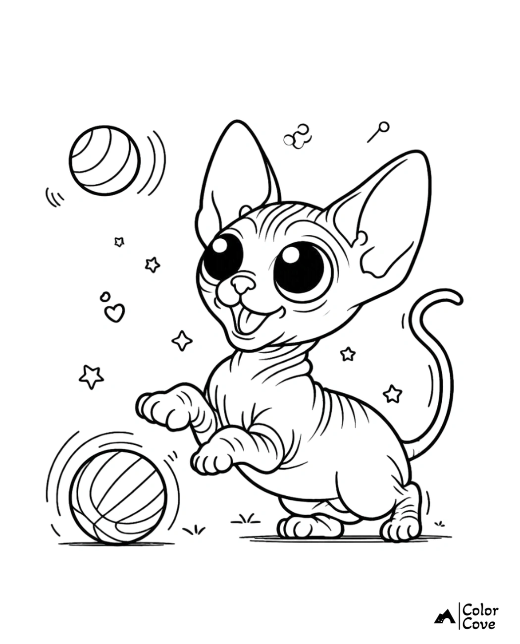 Cute cat coloring page featuring a playful kitten with big eyes, surrounded by stars, hearts, and balls. Color Cove branding.