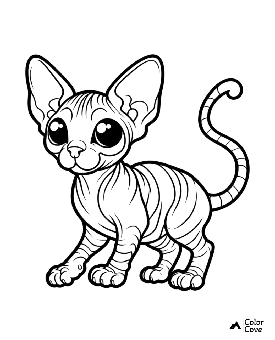 Sphynx cat coloring page for kids and adults, featuring large eyes and wrinkled skin, ideal for coloring and creativity.