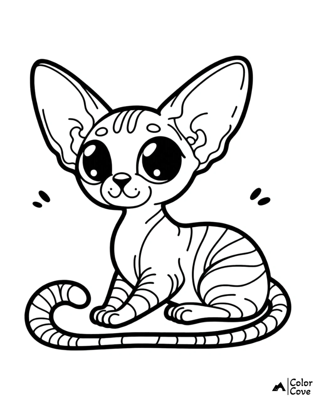 Cute cartoon kitten with large ears and stripes, ready to be colored. Perfect coloring page for kids and cat lovers.