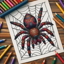 Spider coloring page with vibrant pencils on the wooden table, detailed web design, colorful art supplies.