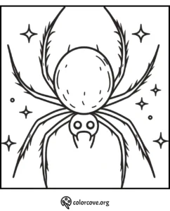 Spider coloring page with stars, perfect for kids and Halloween activities. Download and print for free coloring fun.
