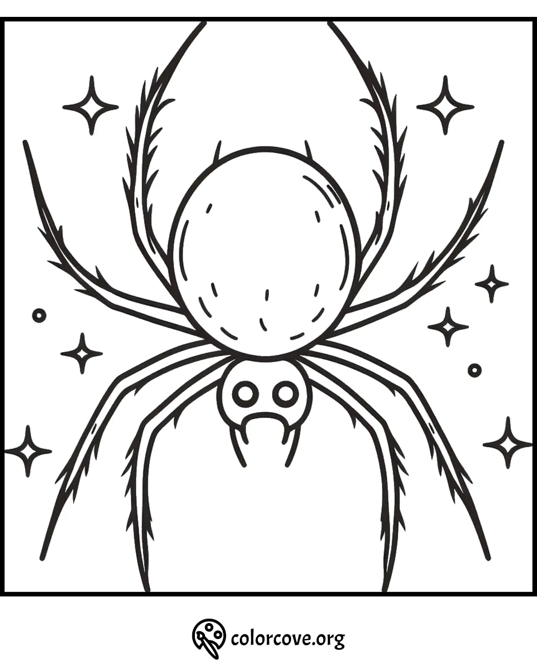 Spider coloring page with stars, perfect for kids and Halloween activities. Download and print for free coloring fun.