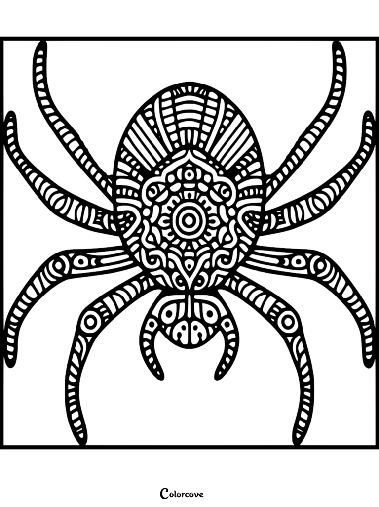 A detailed mandala-style cute spider coloring page featuring intricate geometric patterns on its body and eight curved legs.