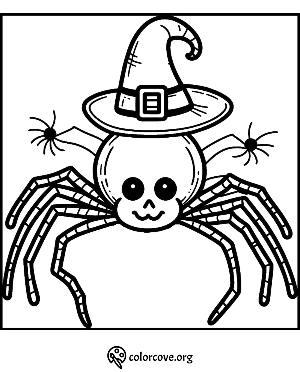 Cute spider wearing a witch hat coloring page for kids. Perfect for Halloween-themed activities and fun.