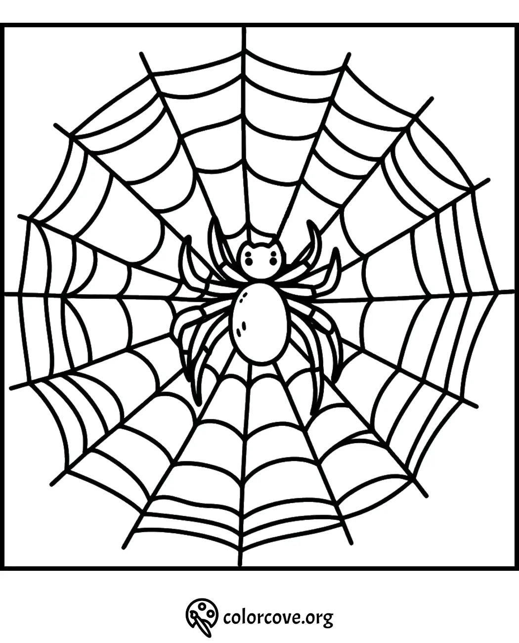 Spider on a web coloring page for kids, easy printable activity.