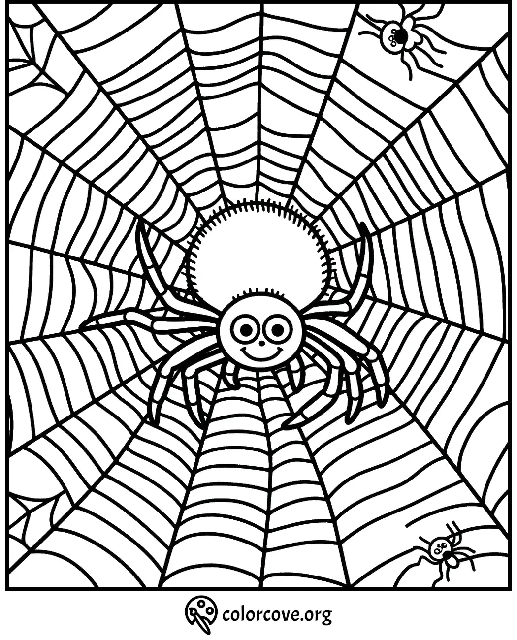 Cute spider on web coloring page for kids, featuring detailed spider and web patterns. Perfect for fun coloring activities.