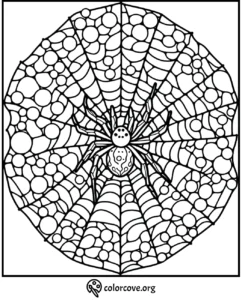 Intricate spider web coloring page featuring detailed patterns and a central spider; ideal for mindful coloring sessions.