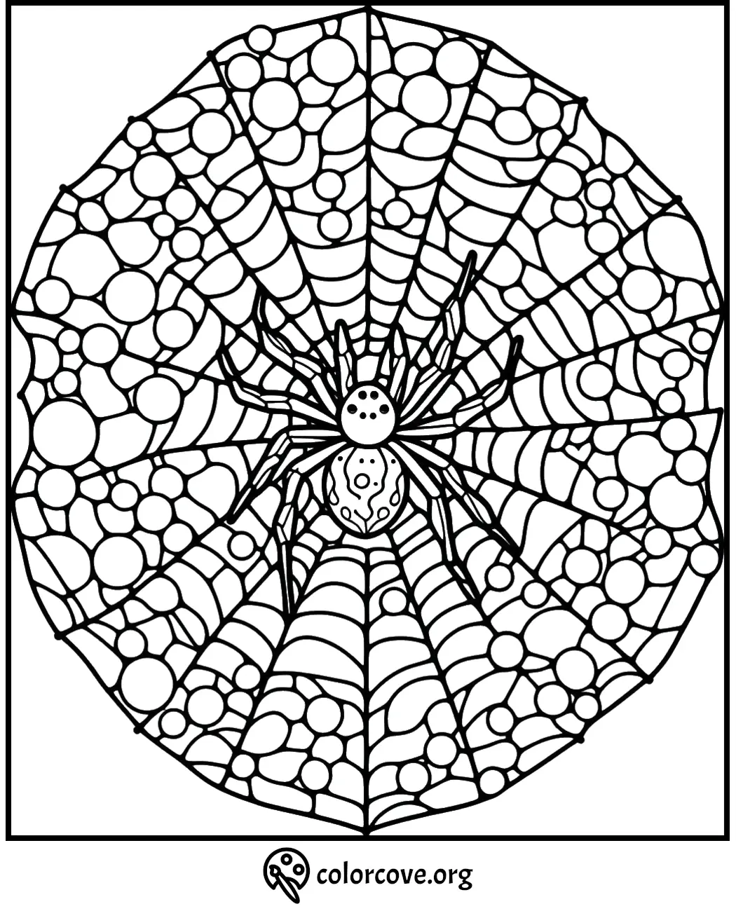 Intricate spider web coloring page featuring detailed patterns and a central spider; ideal for mindful coloring sessions.