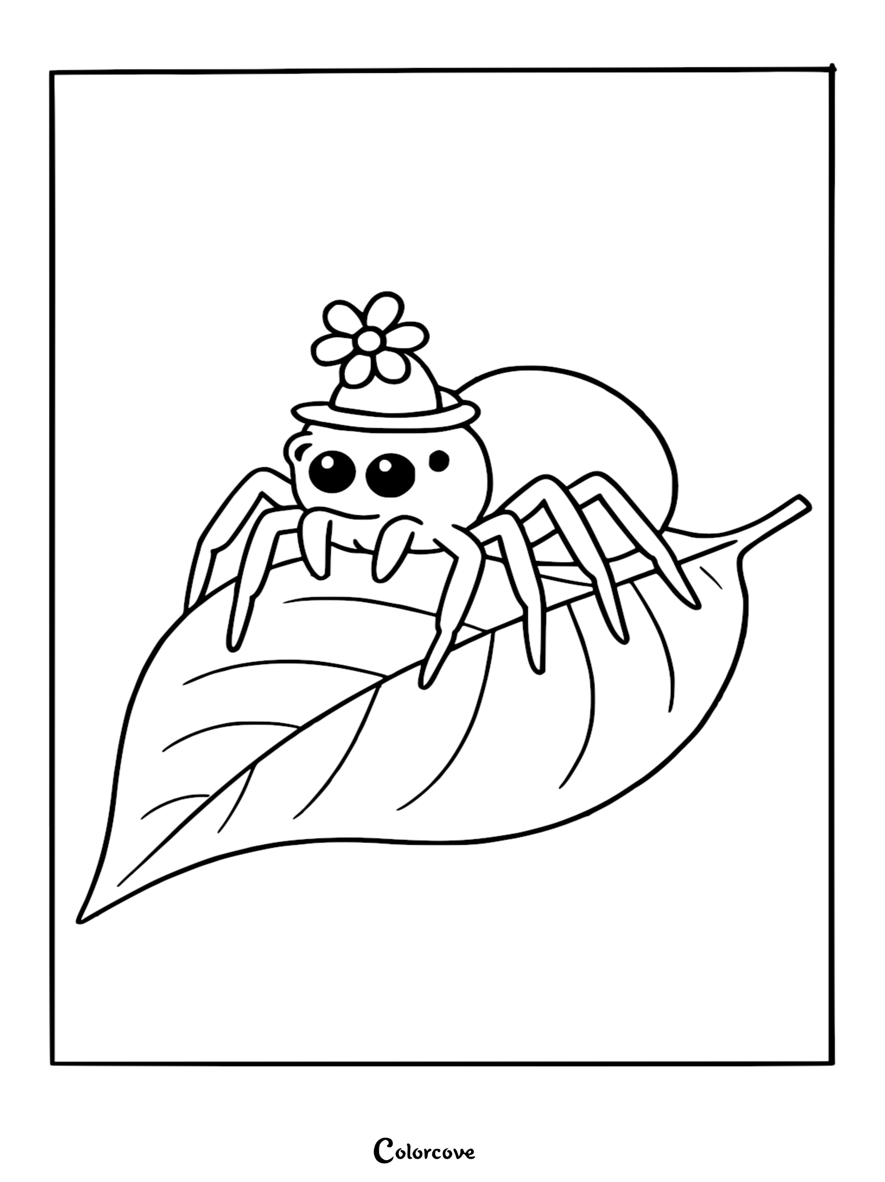 A cute cartoon spider wearing a small hat with a flower on top, sitting on a large leaf, coloring page for kids.