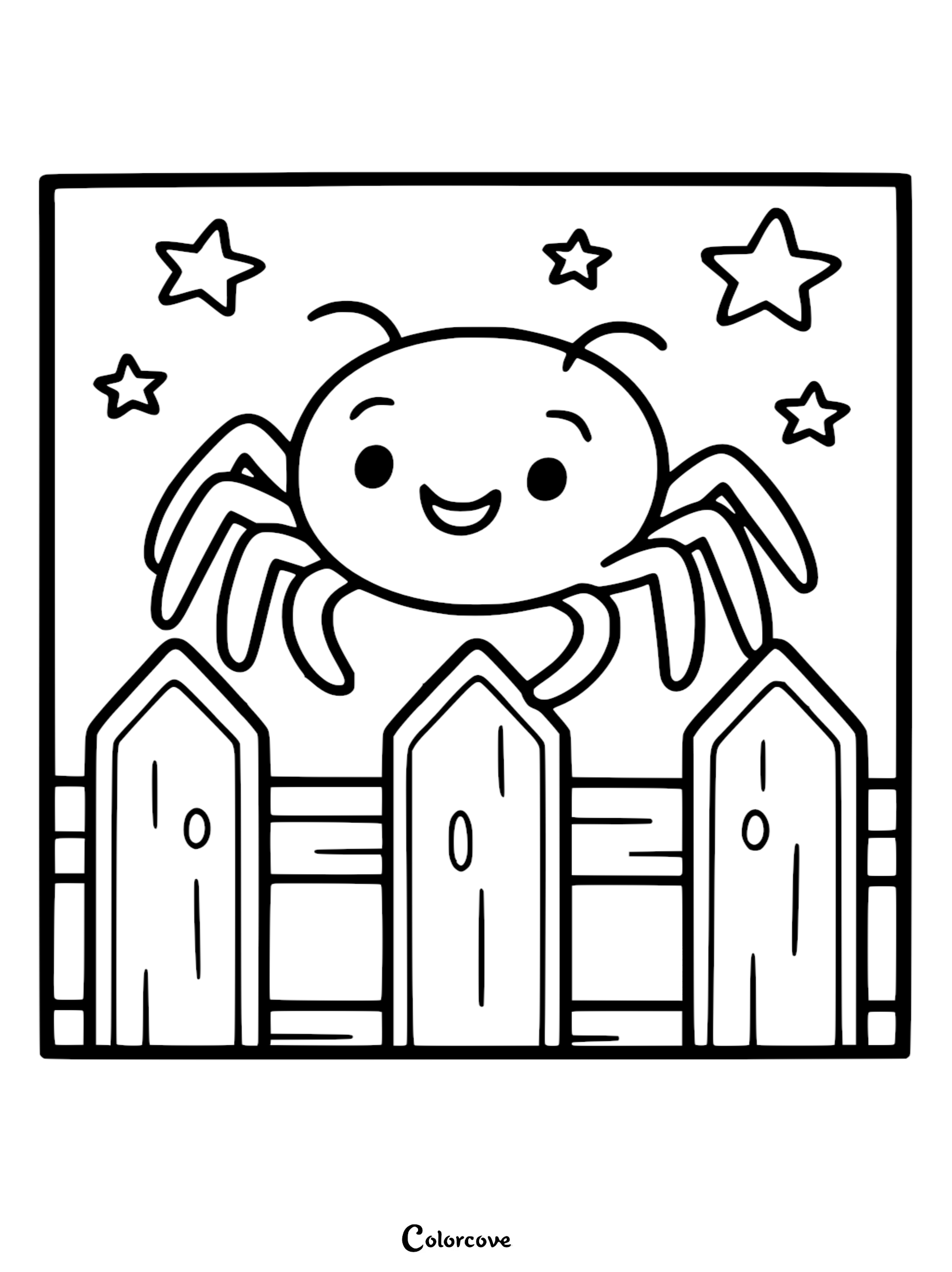 A happy cartoon spider with eight legs and a smiling face hovering above a wooden picket fence under a starry night sky in this printable coloring page.