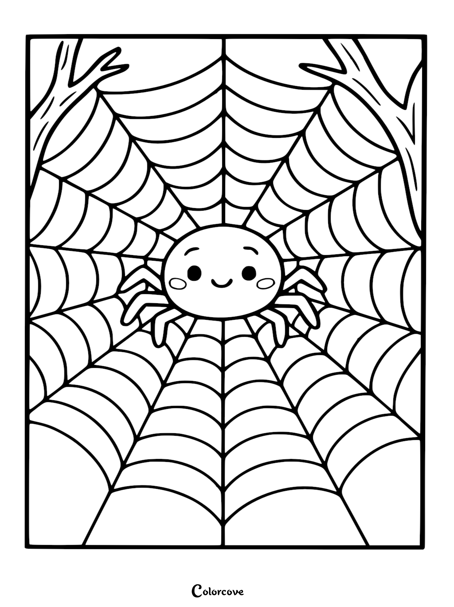 A cute cartoon spider with rosy cheeks sitting in the center of a large, symmetrical spider web between two tree branches, printable coloring page.
