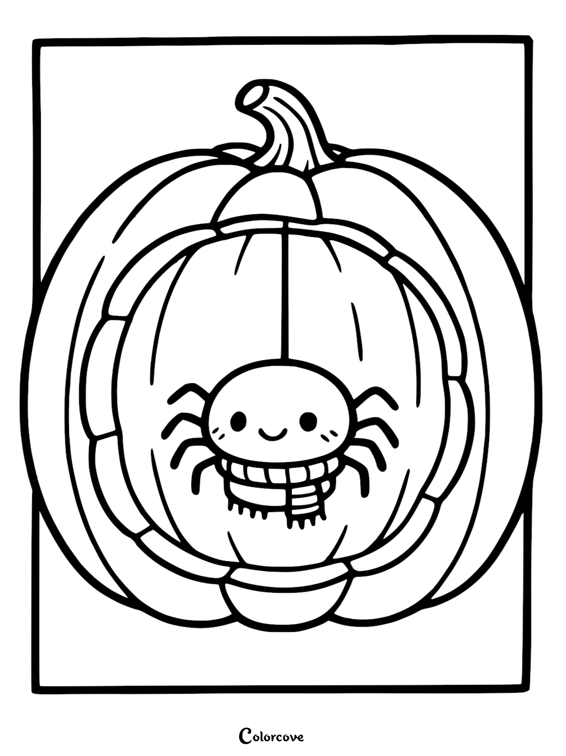 A cute cartoon spider wearing a striped scarf hanging inside a hollowed-out pumpkin, black and white coloring page.