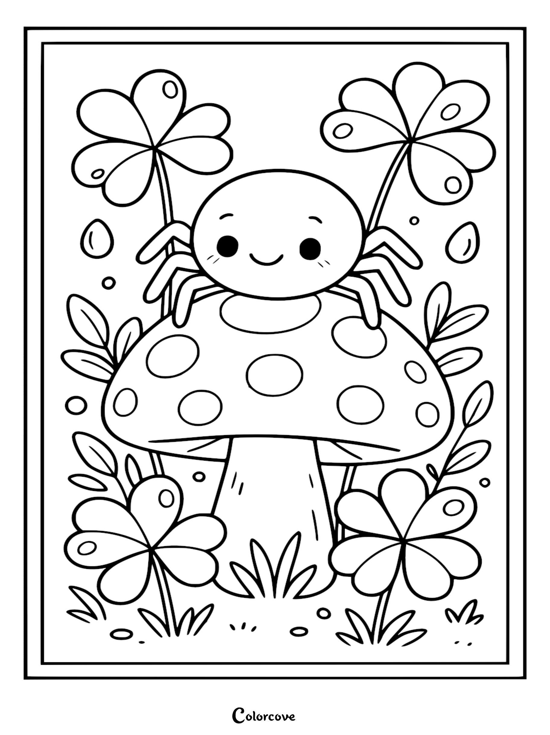 A happy cartoon spider sitting on a spotted mushroom surrounded by four-leaf clovers in this printable coloring page.