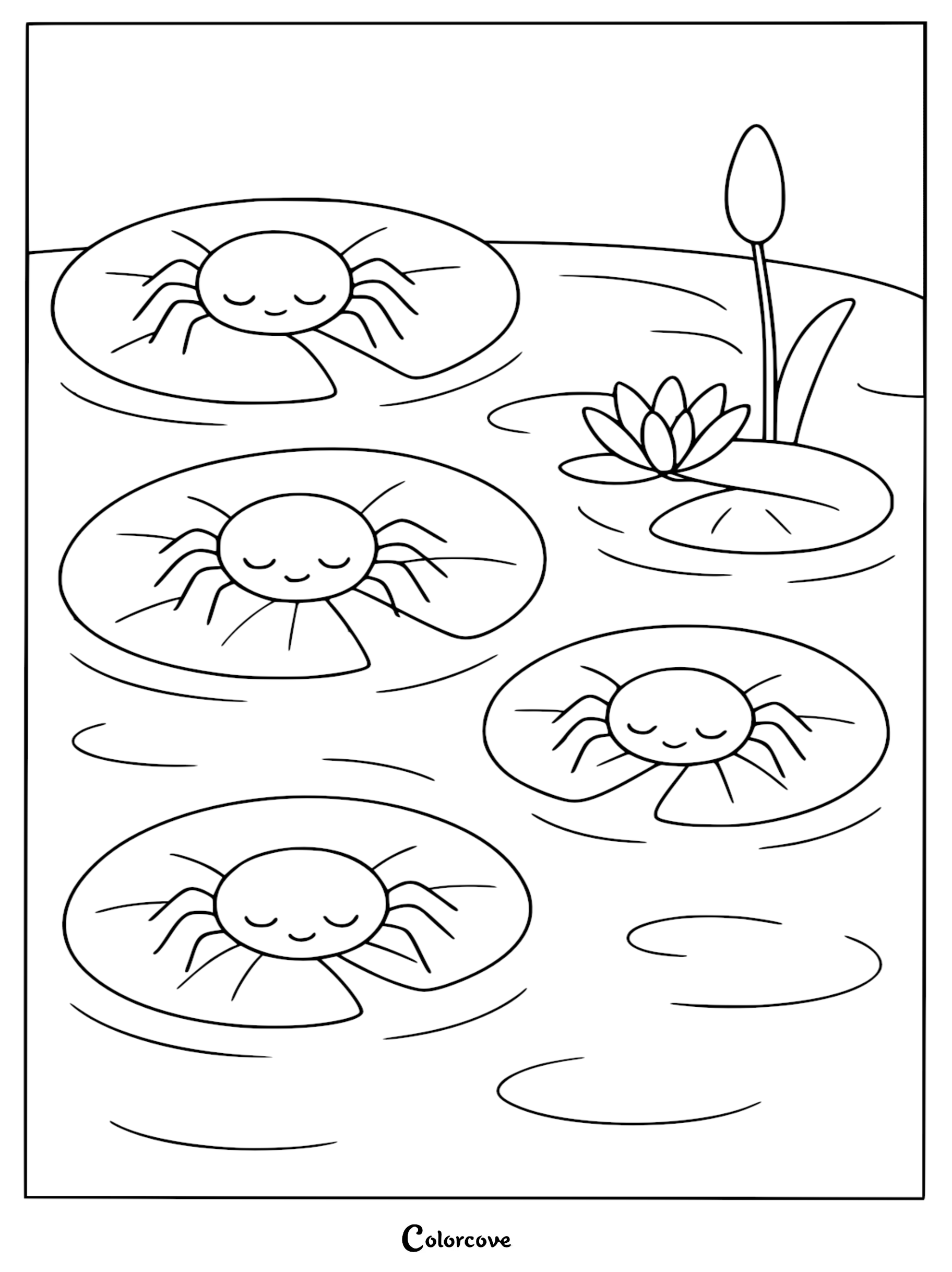 Four happy spiders with closed eyes resting on floating lily pads in a pond, printable coloring page.