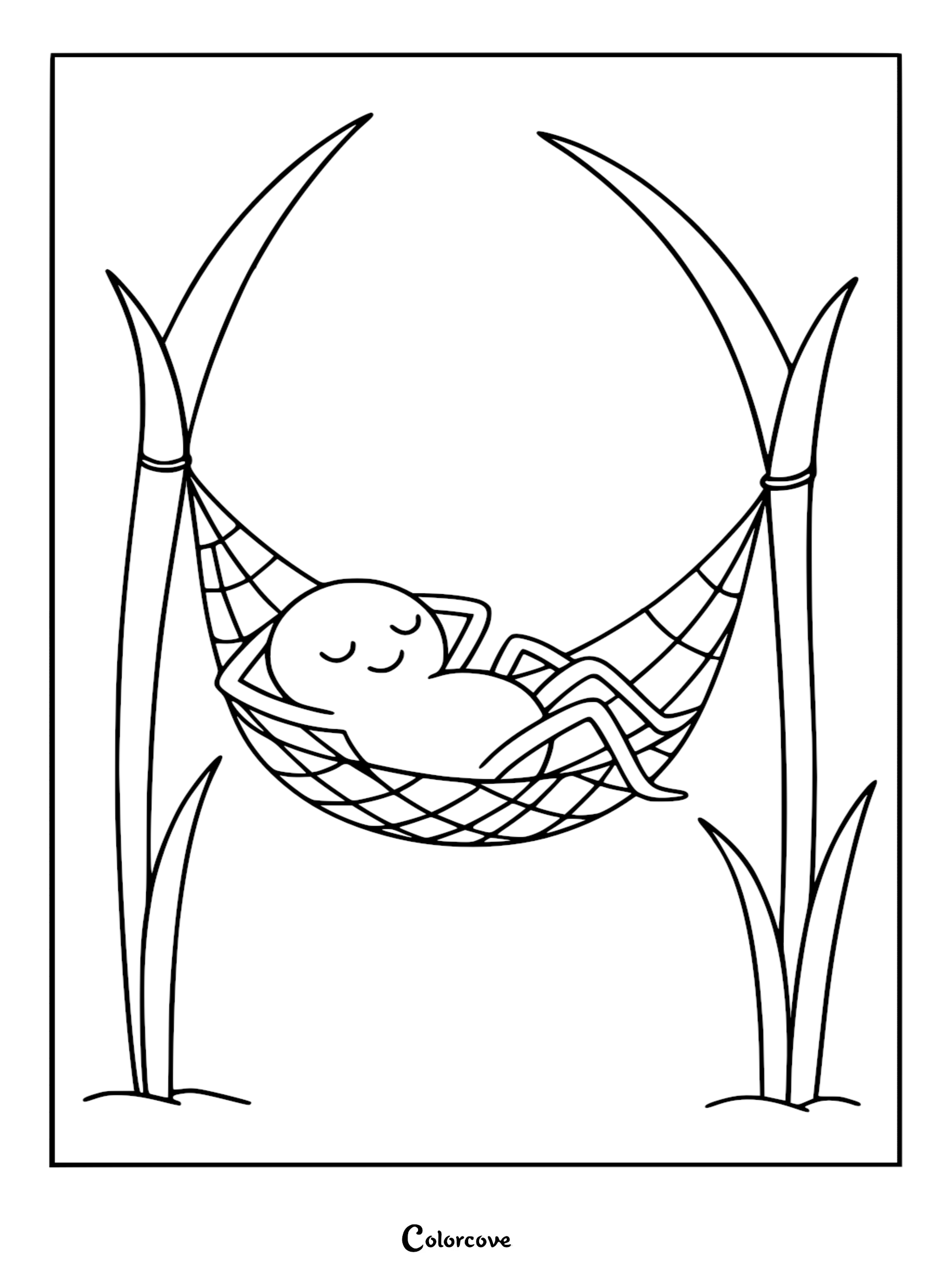 A cute cartoon spider with a round body sleeping peacefully in a web hammock strung between two tall blades of grass, printable coloring page.