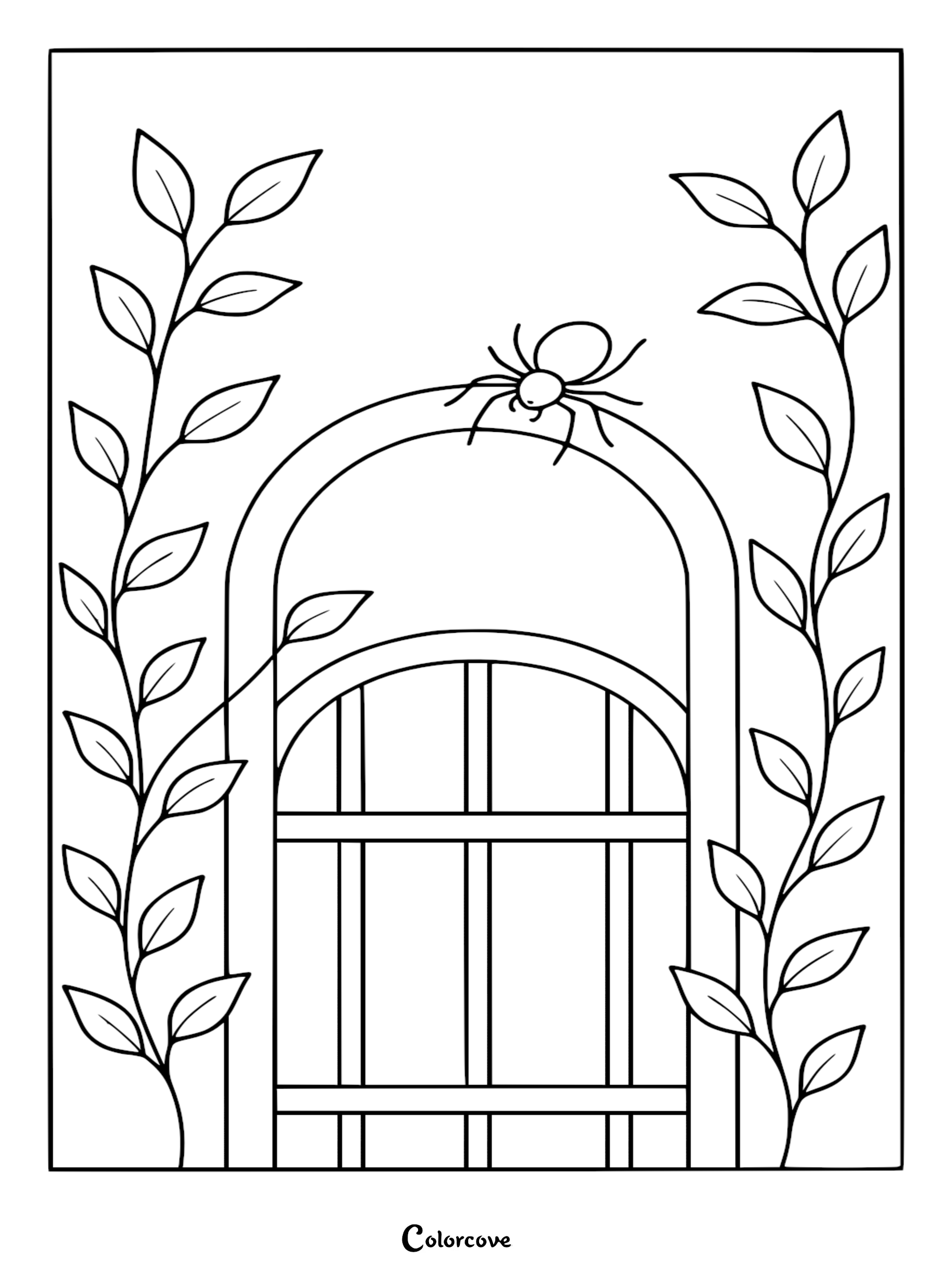 A small spider perched on top of an arched garden gate framed by two leafy vines in this printable coloring page.