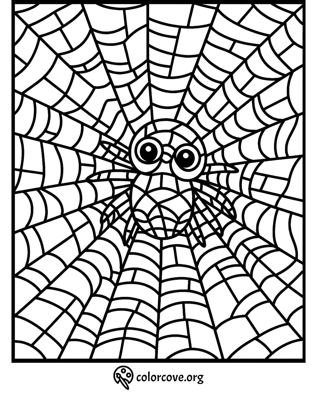 Spider web coloring page with a cute spider in the center. Perfect for kids, available at colorcove.org.