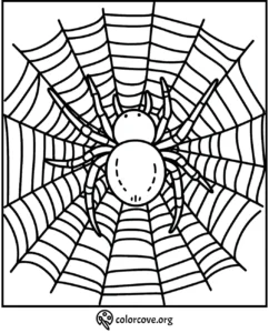 Spider coloring page with intricate web design for kids and adults to color.
