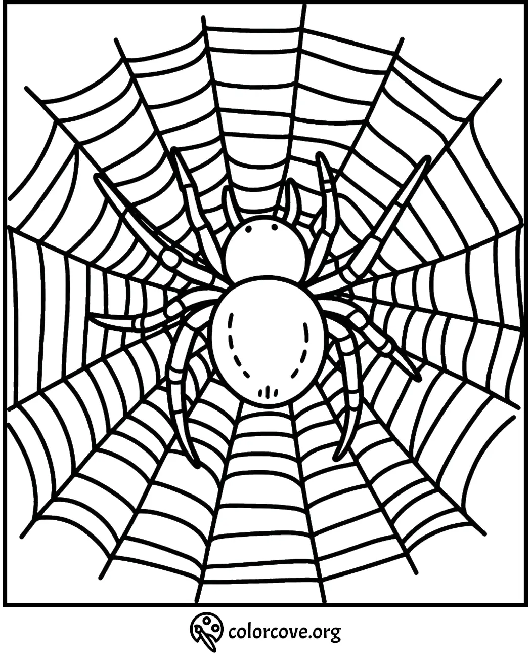 Spider coloring page with intricate web design for kids and adults to color.