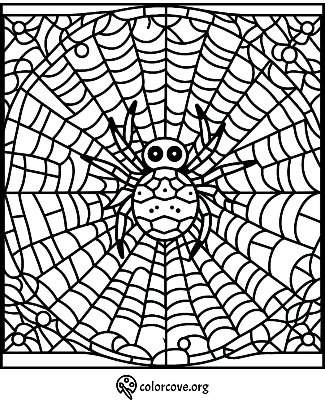 Intricate spider and web coloring page, perfect for kids and adults looking for creative relaxation activities.