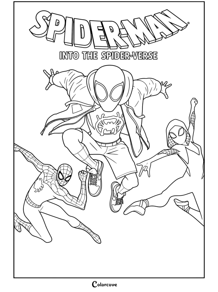 Miles Morales, Peter B. Parker, and Spider-Gwen falling through the city skyline.