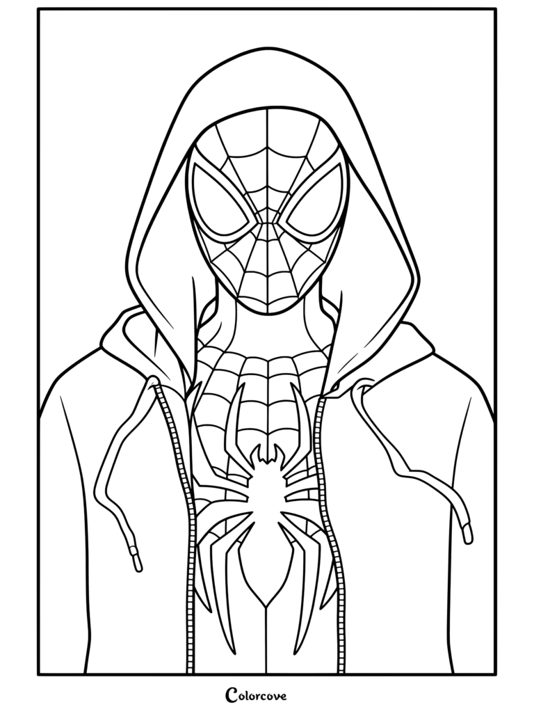 Miles Morales Spider-Man wears a hoodie with the hood up.