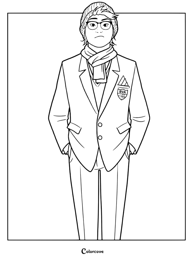 Coloriage de Ganke Lee portant un bonnet, des lunettes, une écharpe et un blazer d'école.