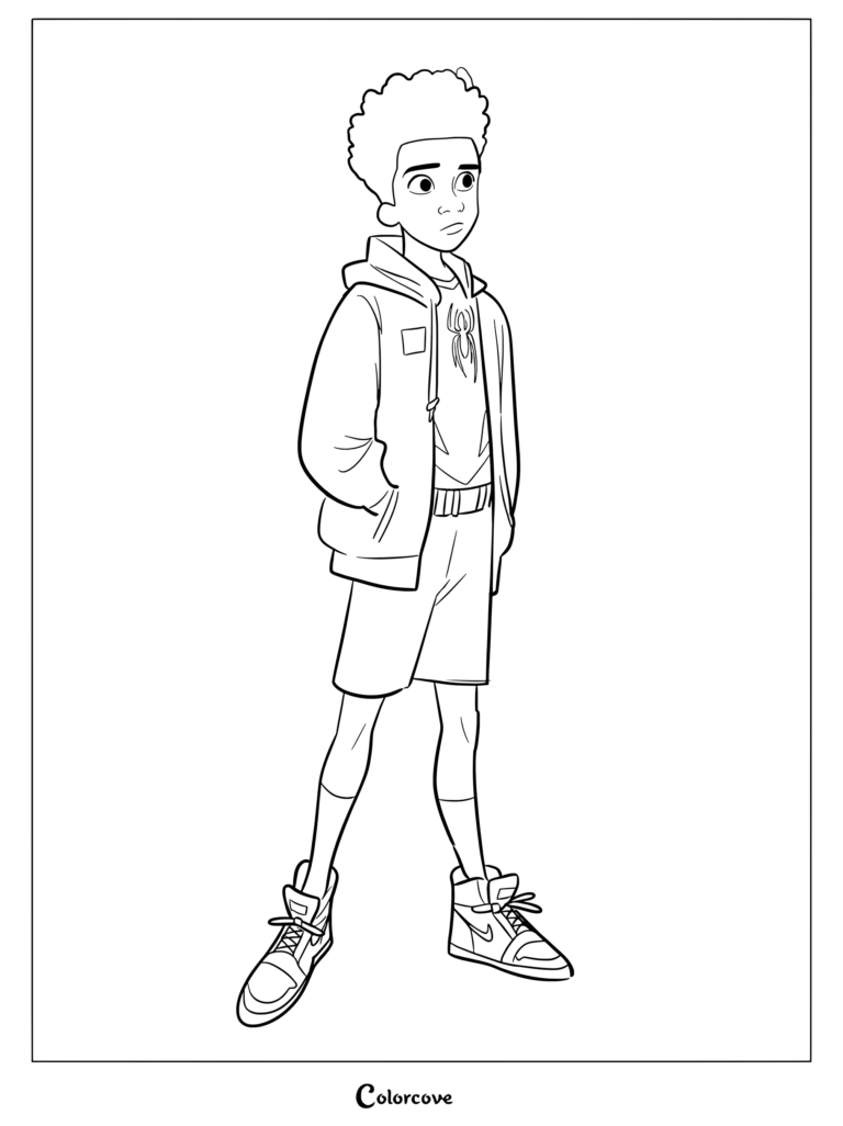 Coloriage de Miles Morales en vêtements décontractés, portant un sweat à capuche et des baskets