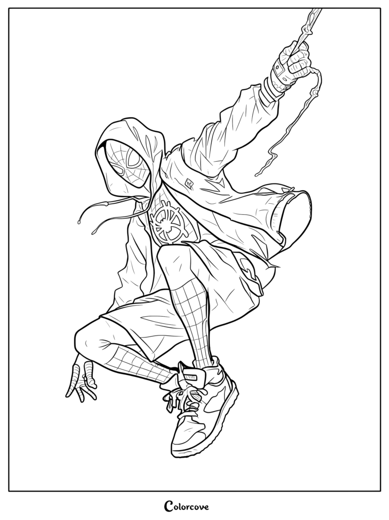Coloriage de Miles Morales Spider-Man se balançant dans les airs en sweat à capuche et baskets