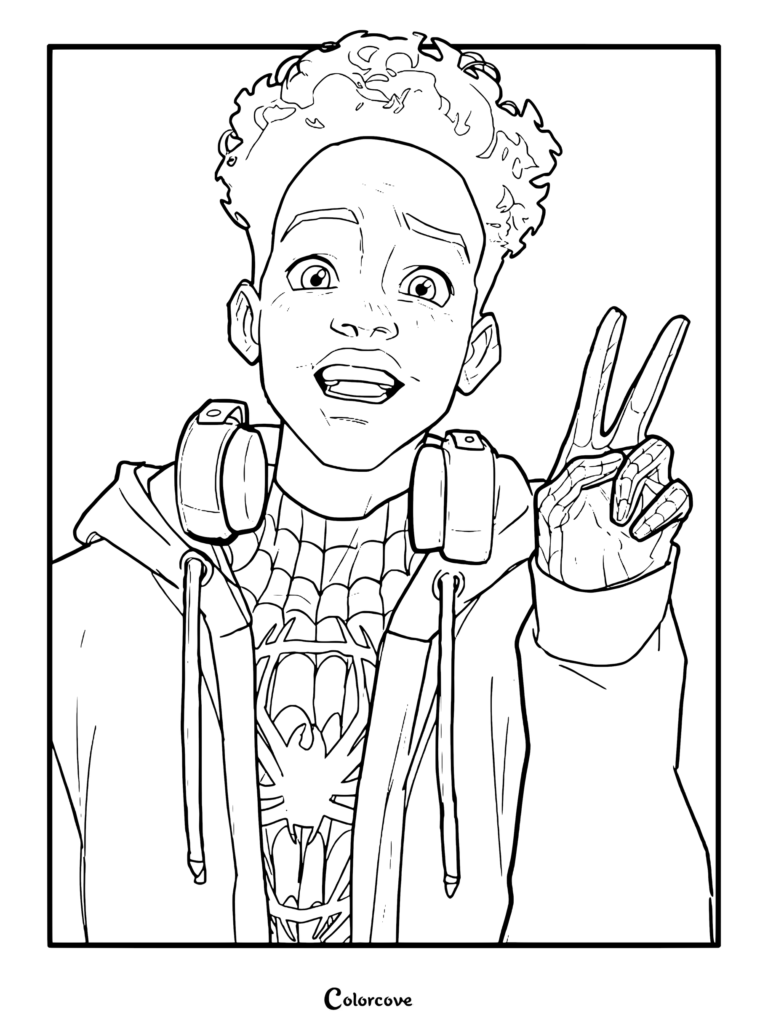 Dessin au trait à imprimer de Miles Morales faisant le signe de la paix, un casque audio autour du cou