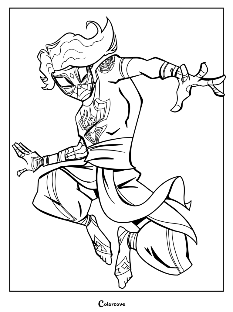 Coloriage imprimable de Pavitr Prabhakar Spider-Man sautant de manière dynamique