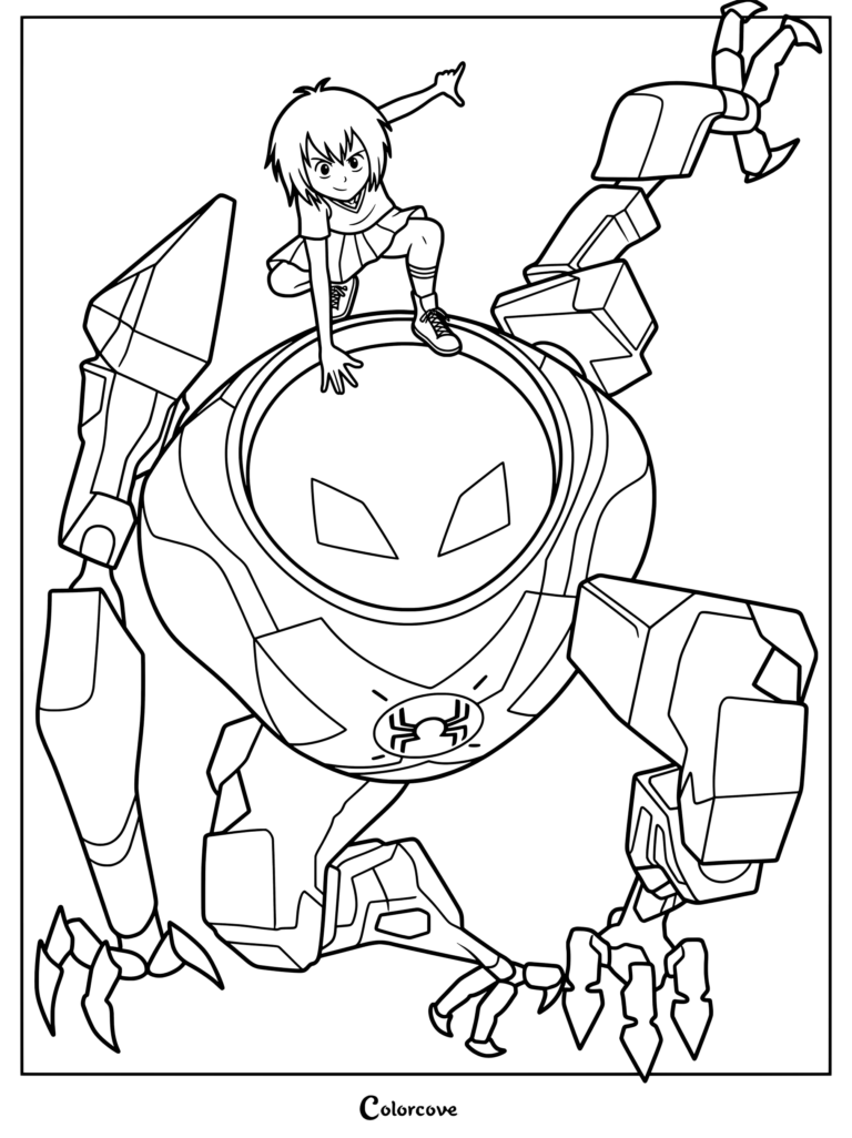 Coloriage de Peni Parker accroupie sur son armure SP//dr dans une pose d'action dynamique