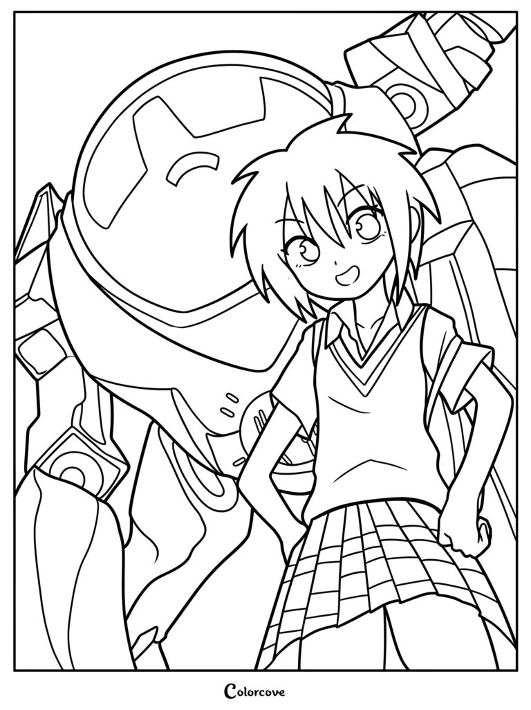 Dessin au trait à imprimer de Peni Parker posant fièrement devant son armure SP//dr dans ce coloriage Spider-Man Spider-Verse.