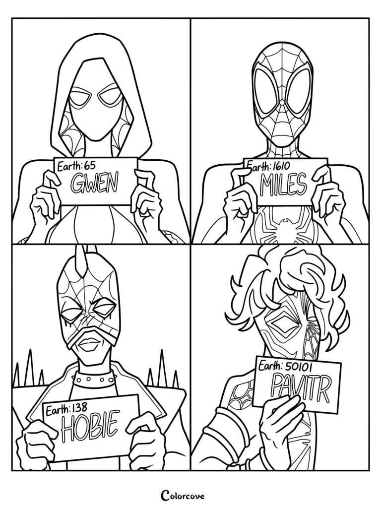 Spider-Gwen, Miles Morales, Spider-Punk et Pavitr Prabhakar tenant des photos d'immatriculation dans ce coloriage imprimable Spider-Verse.