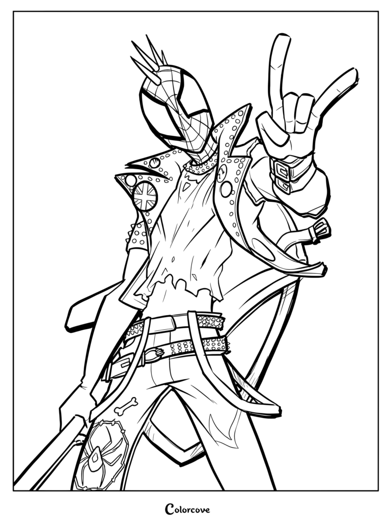 Coloriage imprimable de Spider-Punk avec son masque à piques et faisant le signe du rock.