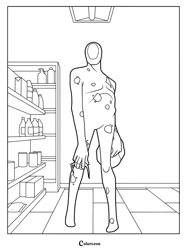 Coloriage de La Tache debout dans l'allée d'une supérette