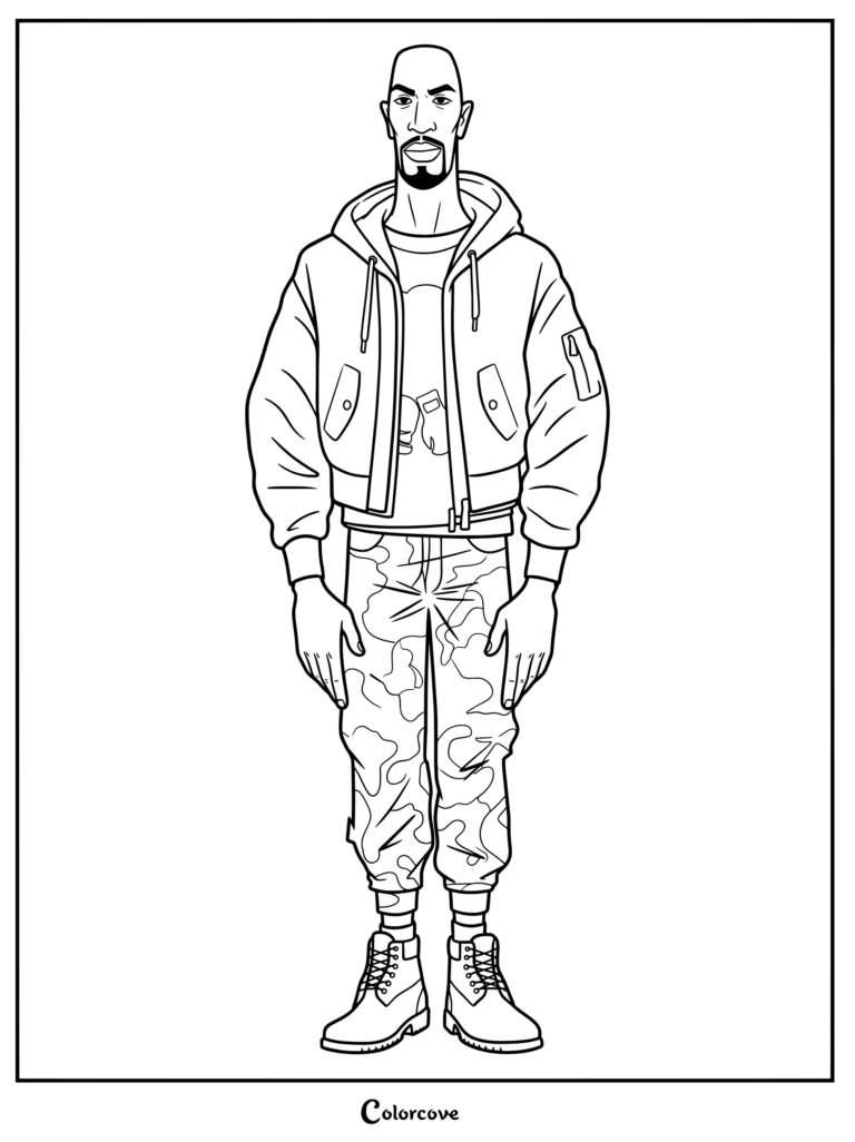 Coloriage d'Oncle Aaron debout en veste à capuche et pantalon camouflage