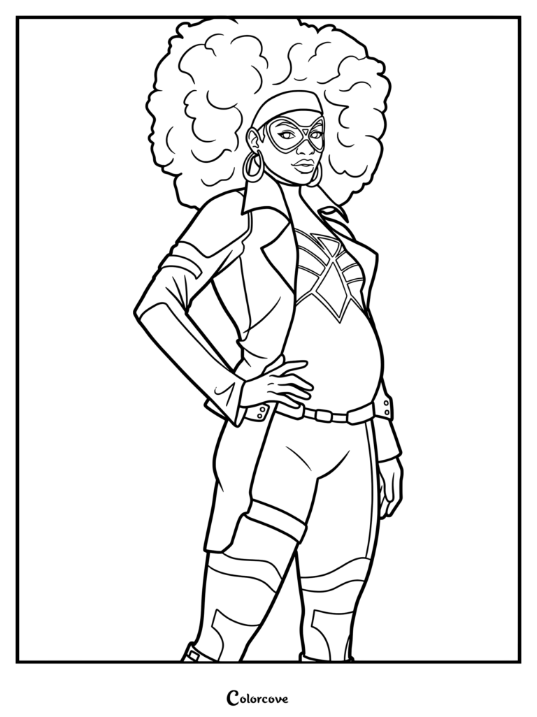 Coloriage imprimable de Jessica Drew de Spider-Man Spider-Verse posant fièrement avec sa coupe afro volumineuse et sa veste