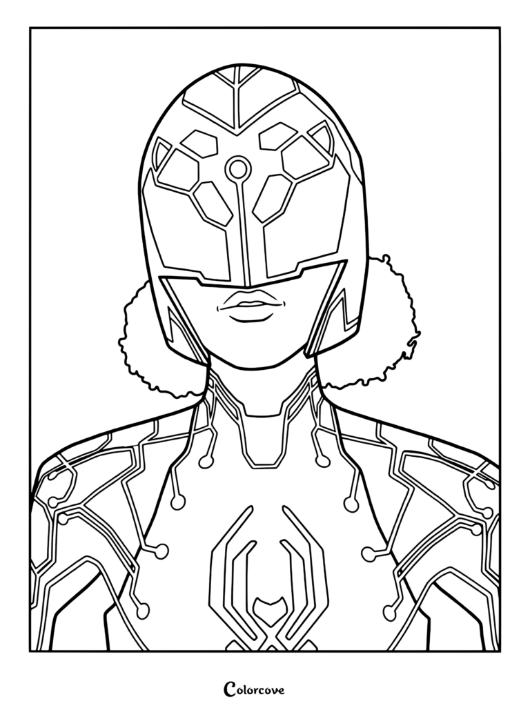 Coloriage imprimable de Margo Kess Spider-Byte portant son casque high-tech et sa combinaison cybernétique