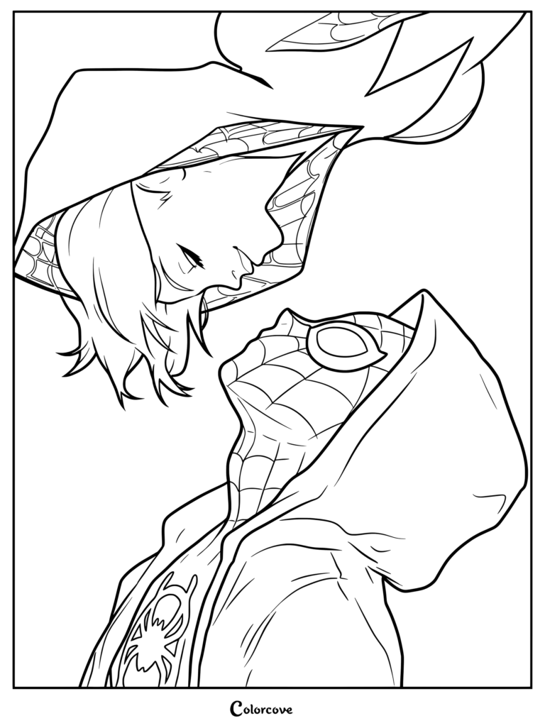 Coloriage de Miles et Gwen présentant des portraits en gros plan des personnages