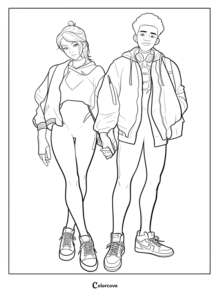 Coloriage imprimable de Miles et Gwen debout ensemble, se tenant la main en tenues décontractées