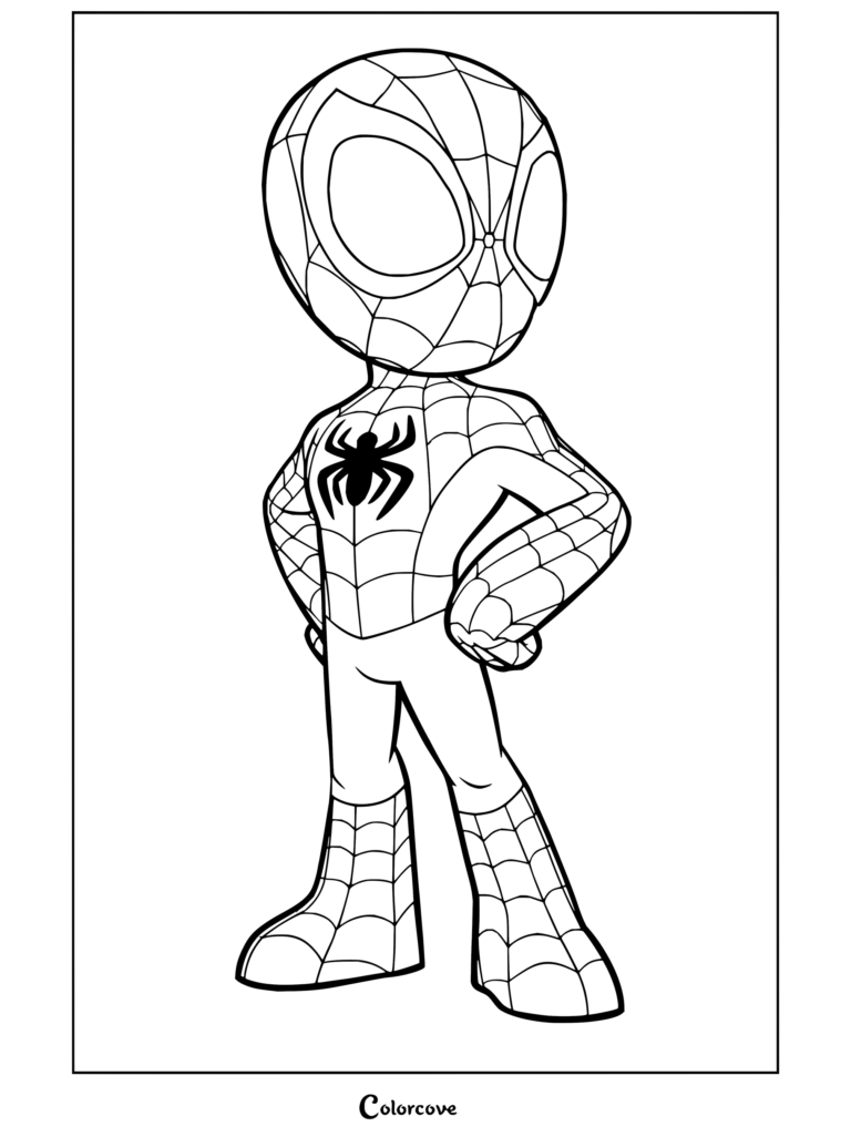 Dibujo para colorear de Spiderman chibi de pie con las manos en las caderas en una postura segura