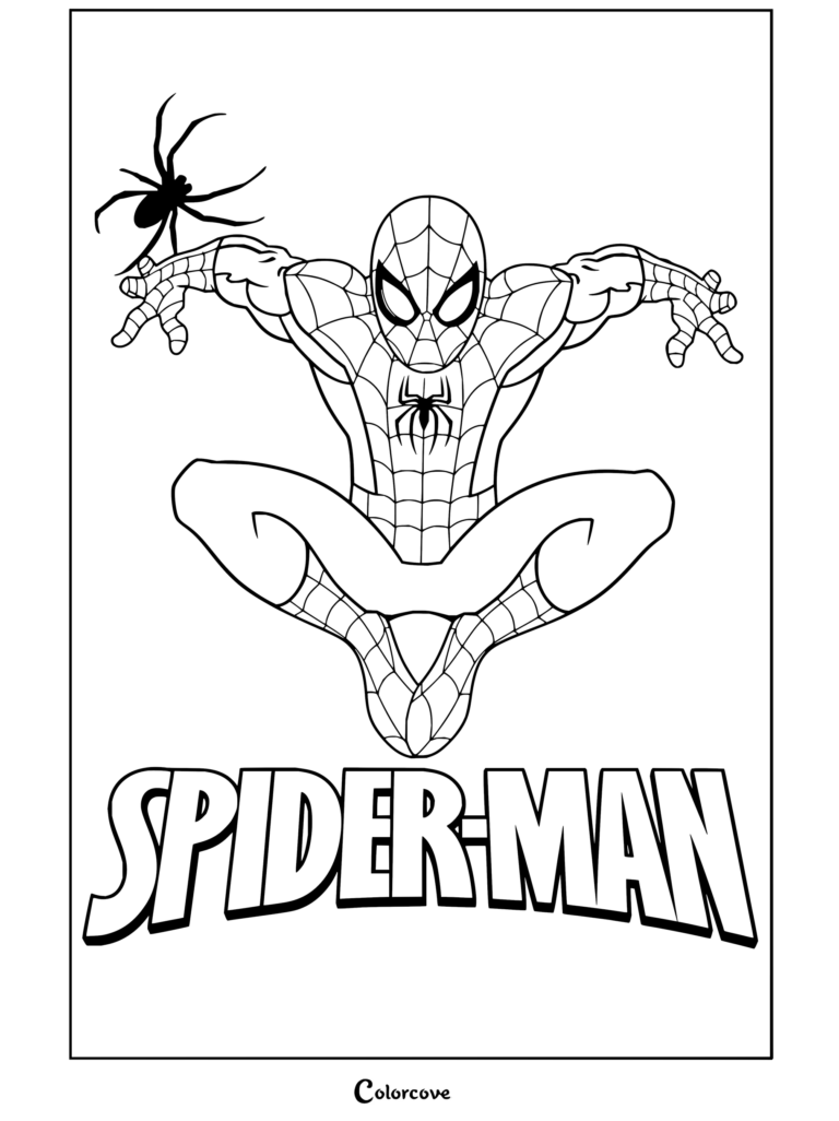 Dibujo para colorear de Spider-Man agachado en una telaraña con una araña y su logotipo