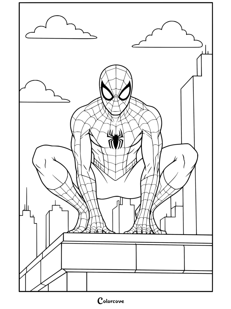Dibujo para colorear de Spider-Man agachado en una azotea con el paisaje urbano de fondo